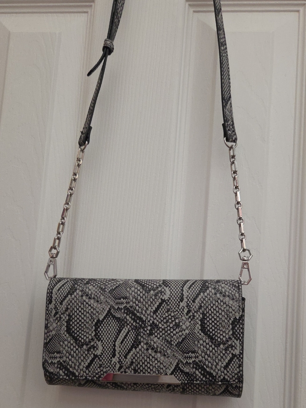 White House Black Market Snake-Print Chain Strap Clutch - Black & Gray